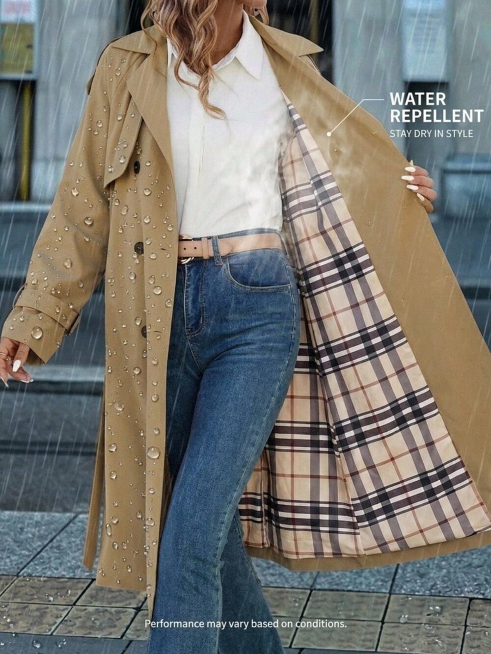 Khaki Casual Women's Long Sleeve Double-Breasted Long Trench Coat - Picture 7 of 7